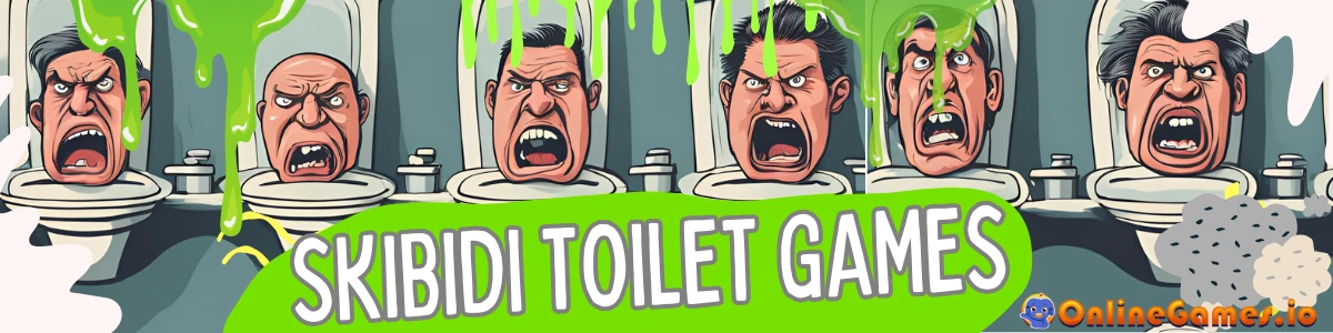 Banner for Skibidi Toilet Games Online feauturing funny heads popping out of toilets